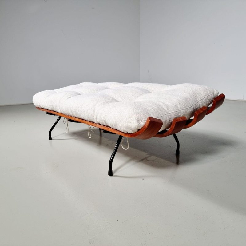 Bone White Bench Ottoman in Imbuia Wood and Fabric by Martin Eisler & Carlo Hauner, 1950s