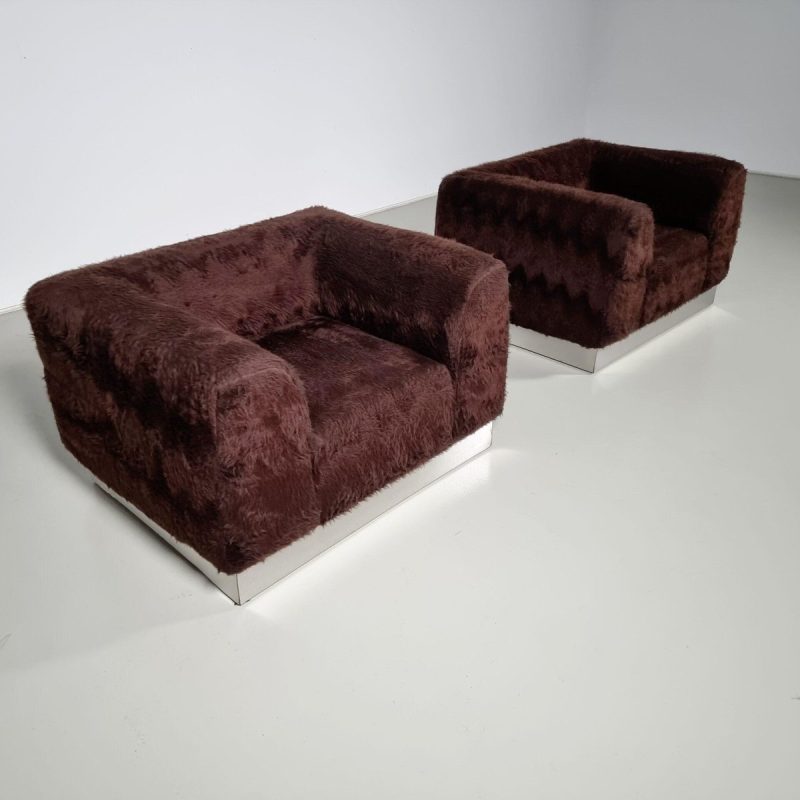 Italian Chrome Plated Lounge Chairs with Faux Fur, 1970, Set of 2