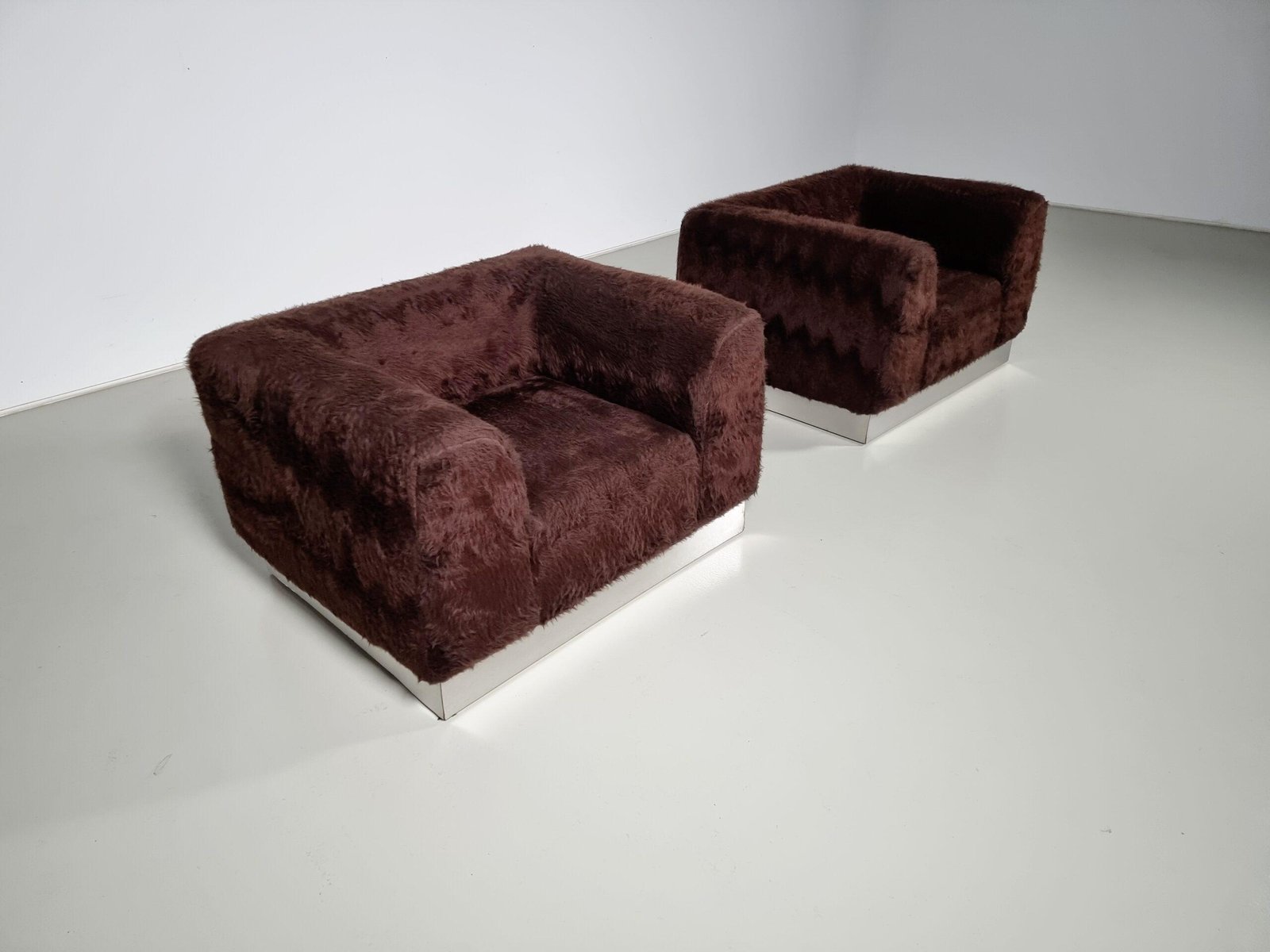Italian Chrome Plated Lounge Chairs with Faux Fur, 1970, Set of 2