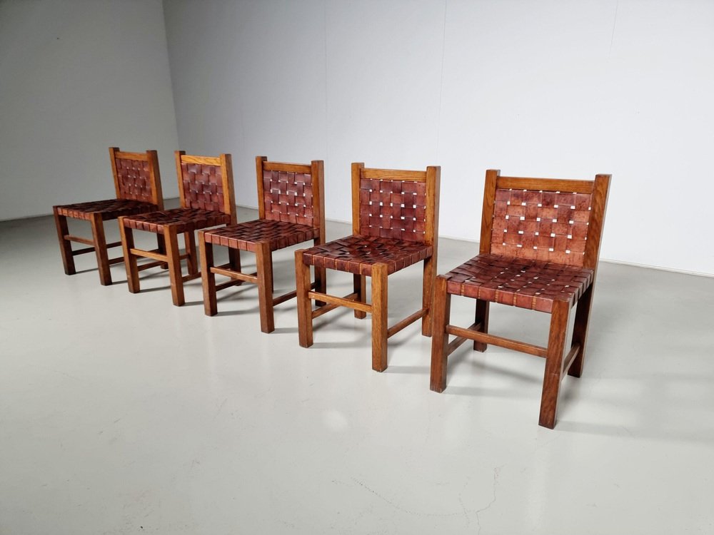 Oak Brutalist Dining Chairs, Belgium, 1970s, Set of 5