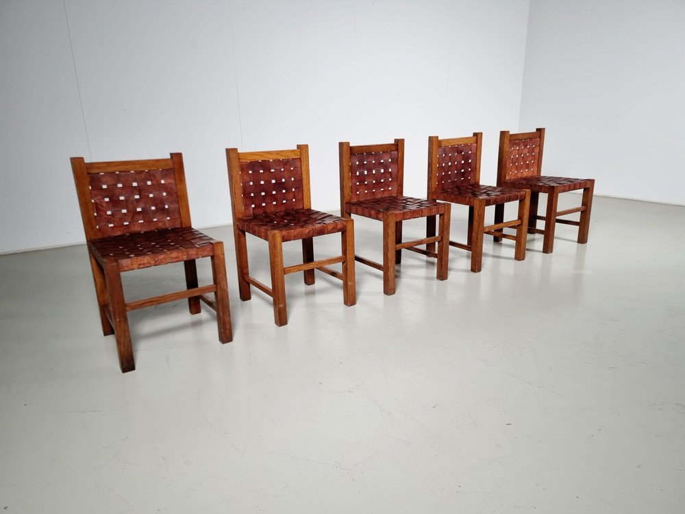 Oak Brutalist Dining Chairs, Belgium, 1970s, Set of 5 - Image 2