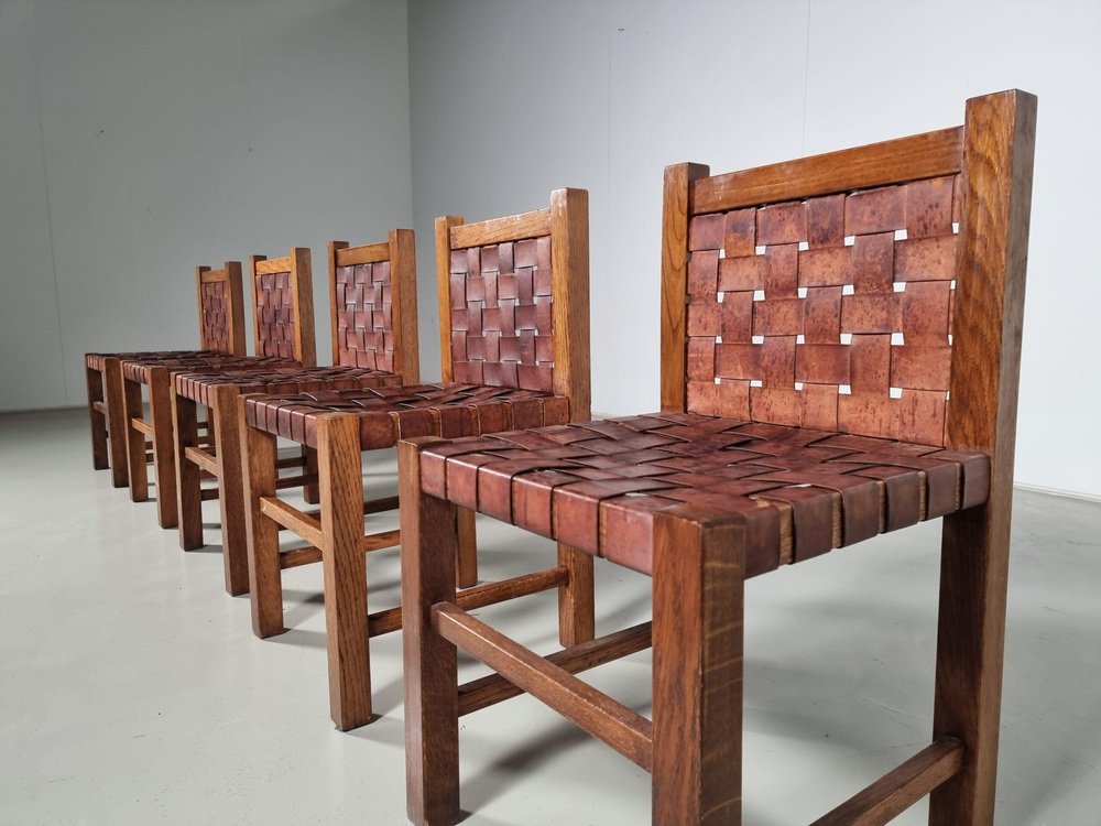 Oak Brutalist Dining Chairs, Belgium, 1970s, Set of 5 - Image 3