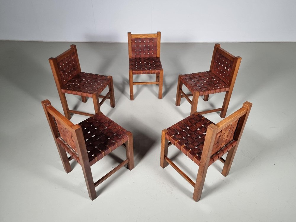 Oak Brutalist Dining Chairs, Belgium, 1970s, Set of 5 - Image 4