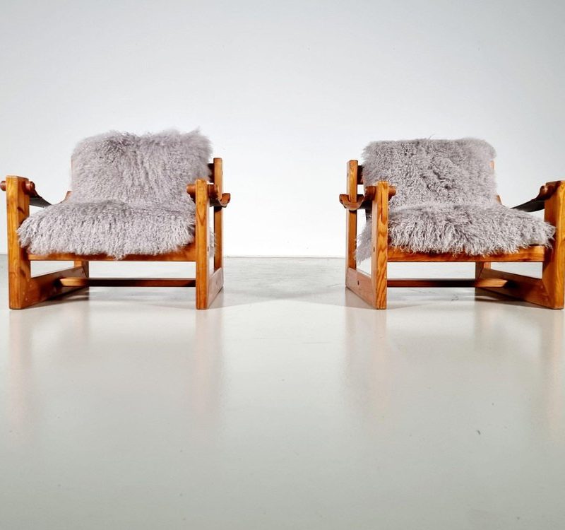 Pine Sling Armchairs, The Netherlands, 1970s, Set of 2