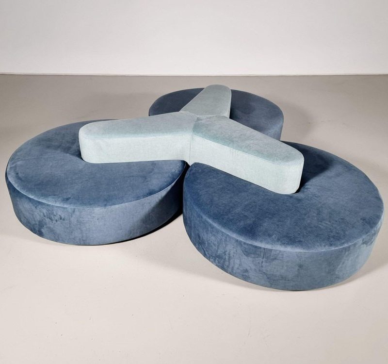 Round Modular Sofa in Blue and Green Fabric attributed to Seltz Furniture, 1970s, Set of 4