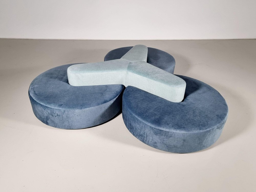 Round Modular Sofa in Blue and Green Fabric attributed to Seltz Furniture, 1970s, Set of 4