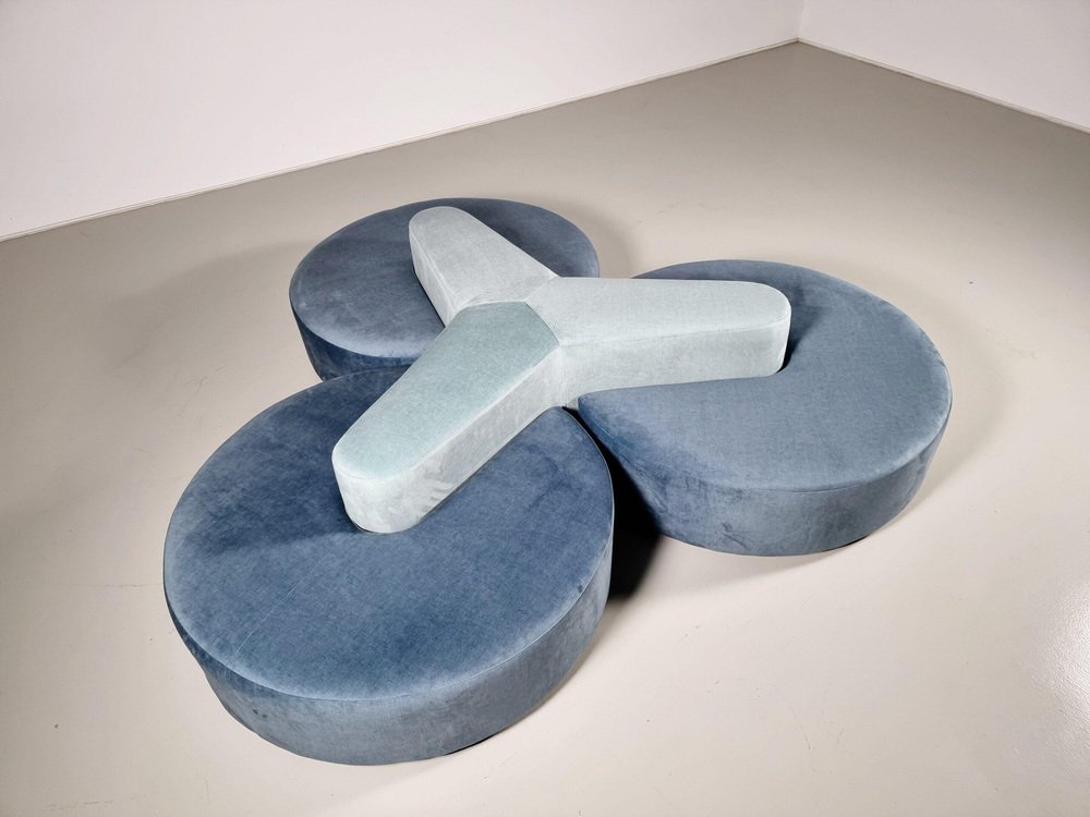Round Modular Sofa in Blue and Green Fabric attributed to Seltz Furniture, 1970s, Set of 4 - Image 3