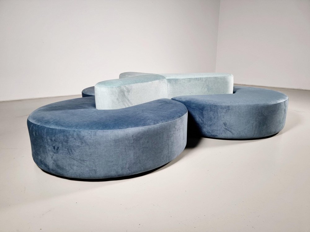 Round Modular Sofa in Blue and Green Fabric attributed to Seltz Furniture, 1970s, Set of 4 - Image 4