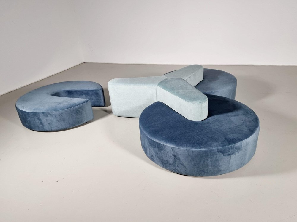 Round Modular Sofa in Blue and Green Fabric attributed to Seltz Furniture, 1970s, Set of 4 - Image 5