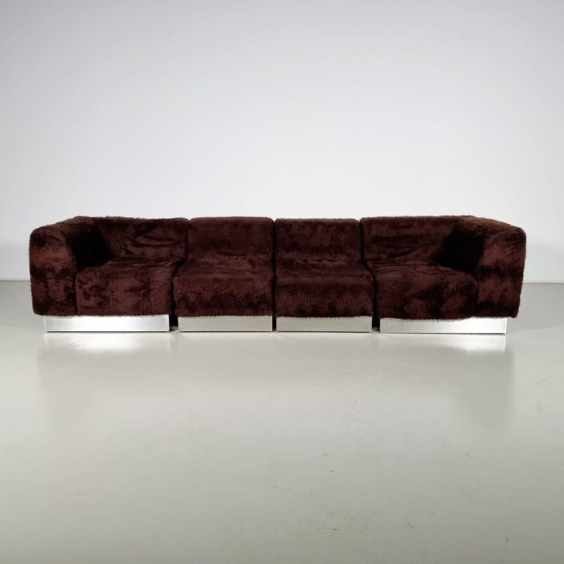 Vintage Italian Chrome Plated Sectional Sofa with Faux Fur, 1970