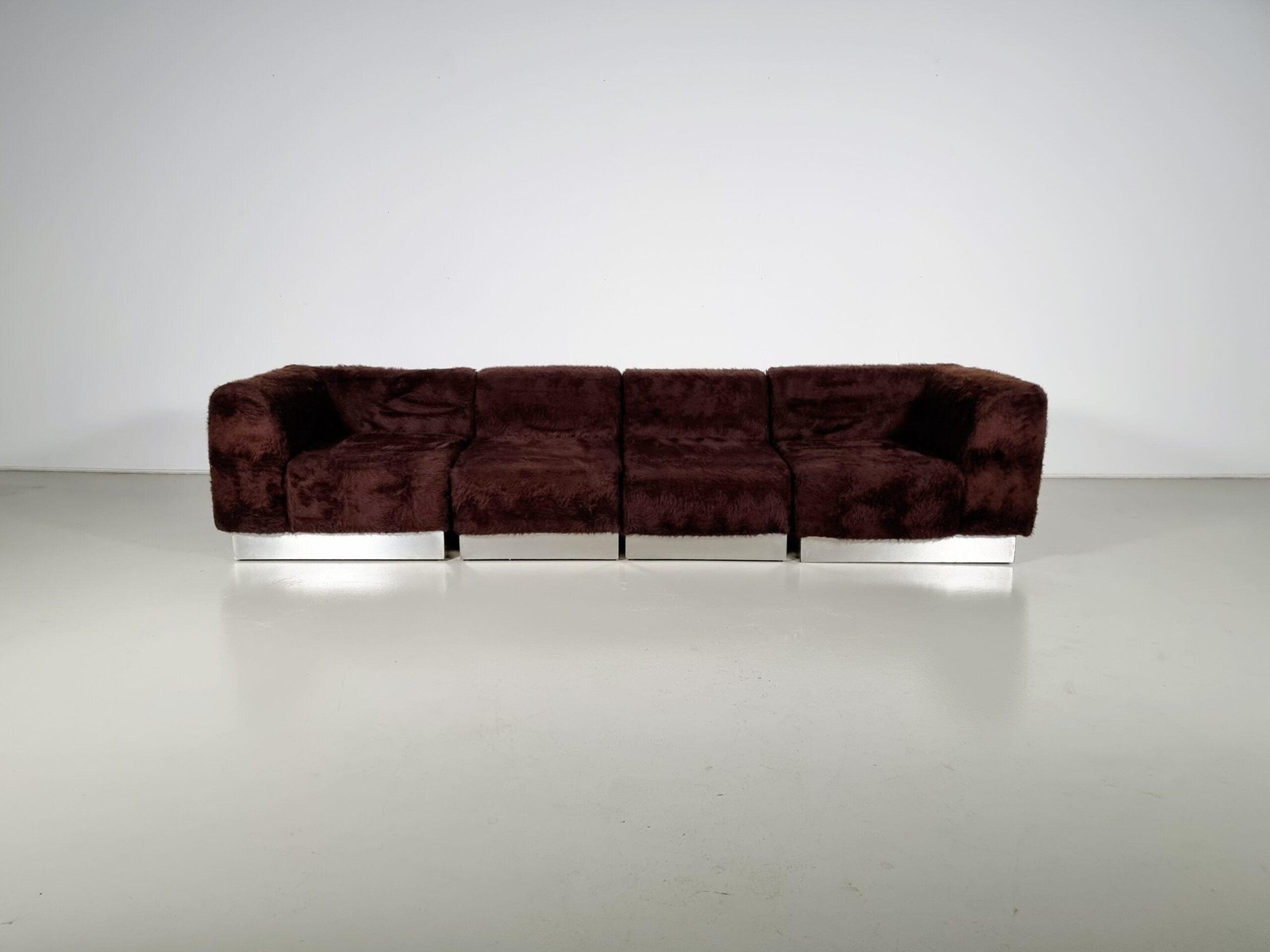 Vintage Italian Chrome Plated Sectional Sofa with Faux Fur, 1970