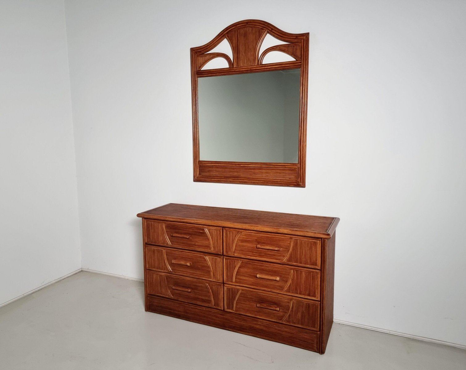 Walnut Dresser with Matching Mirror, Italy, 1970s, Set of 2